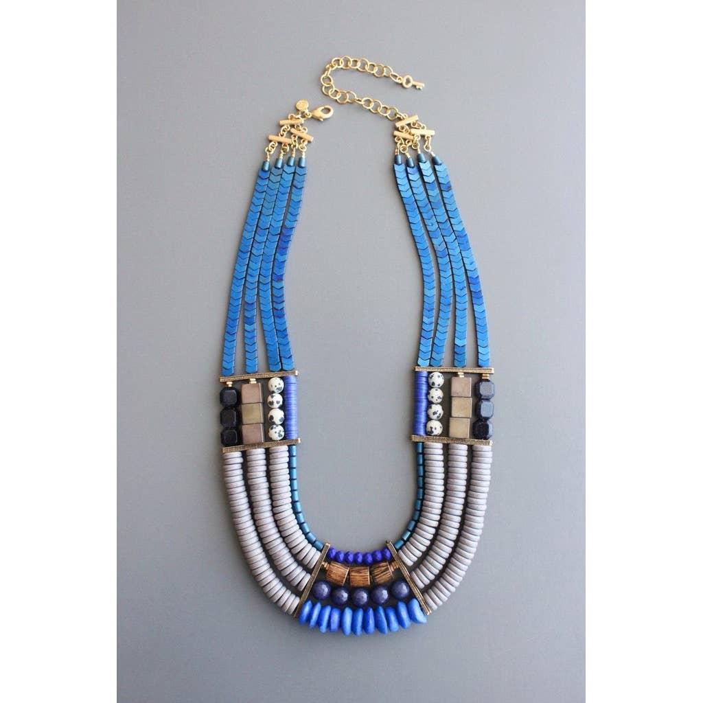 ZLD122 4-strand necklace blue hematite, wood, glass necklace