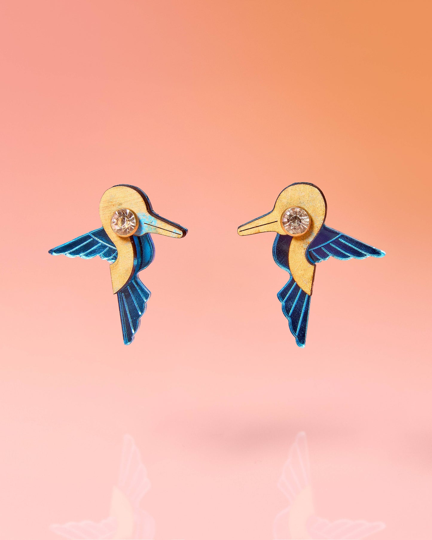 Hummingbird Stud Earrings Recycled Painted Wood and Acrylic Blue Multi