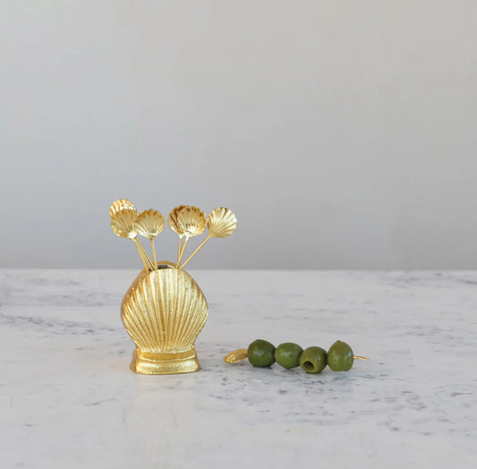 Stainless Steel Appetizer Picks in Shell Shaped Holder