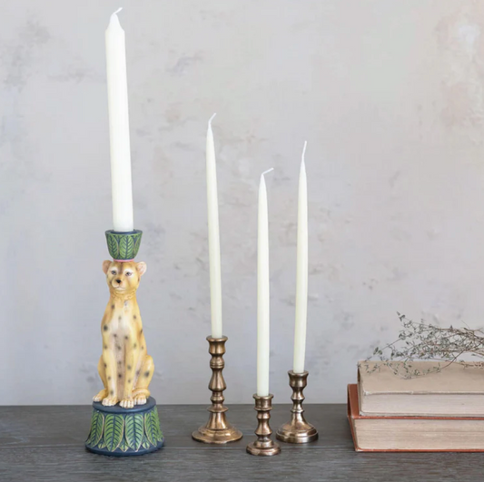 Resin Cheetah & Palm Leaf Taper Candle Holder