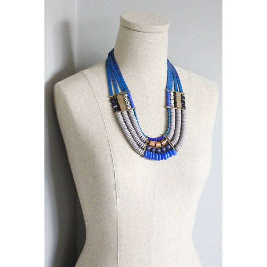 ZLD122 4-strand necklace blue hematite, wood, glass necklace