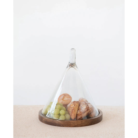 Glass Cone Shaped Cloche with Mango Wood Base