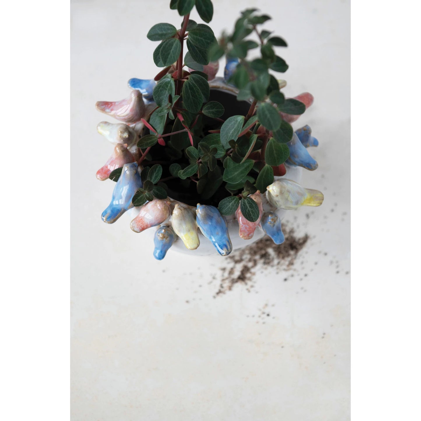 Stoneware Planter with Birds on Rim, Reactive Glaze