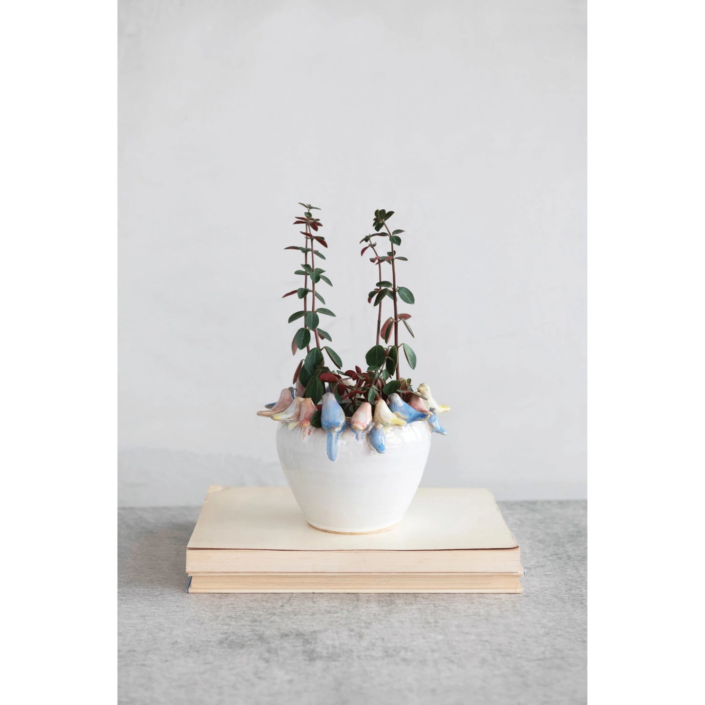 Stoneware Planter with Birds on Rim, Reactive Glaze