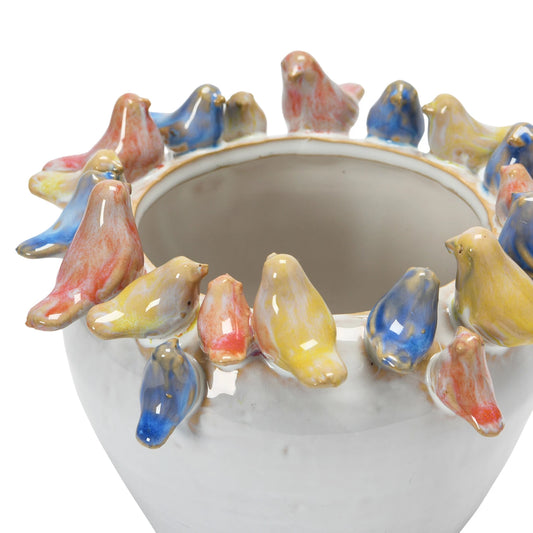 Stoneware Planter with Birds on Rim, Reactive Glaze