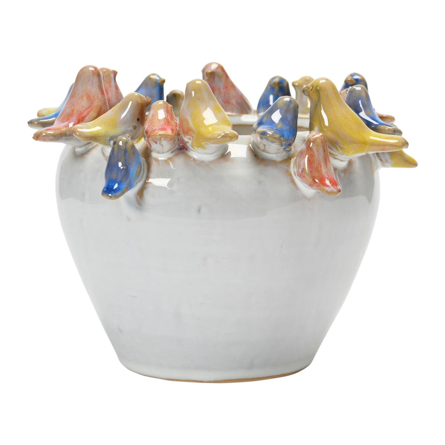Stoneware Planter with Birds on Rim, Reactive Glaze