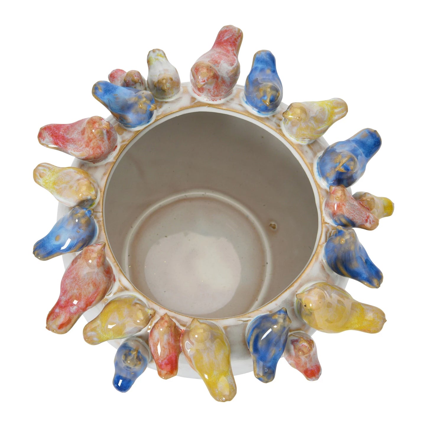 Stoneware Planter with Birds on Rim, Reactive Glaze