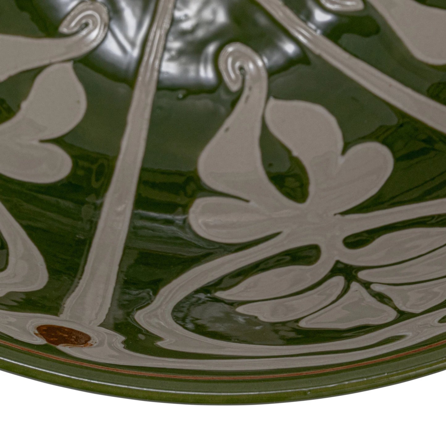 Hand-Painted Stoneware Serving Bowl w/ Design, Green & Brown