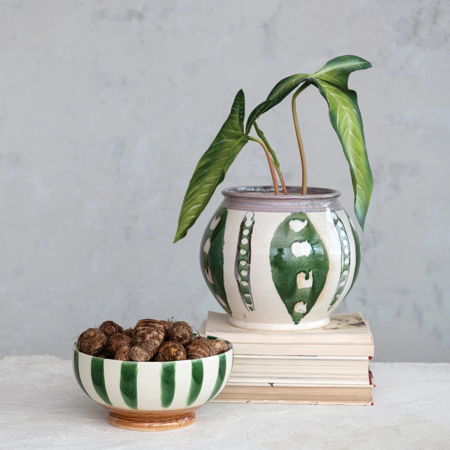 Hand-Painted Stoneware Footed Bowl w/ Stripes (Each One Will Vary)