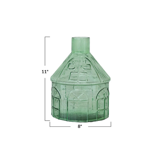 Pressed Glass House Shaped Vase, Light Green