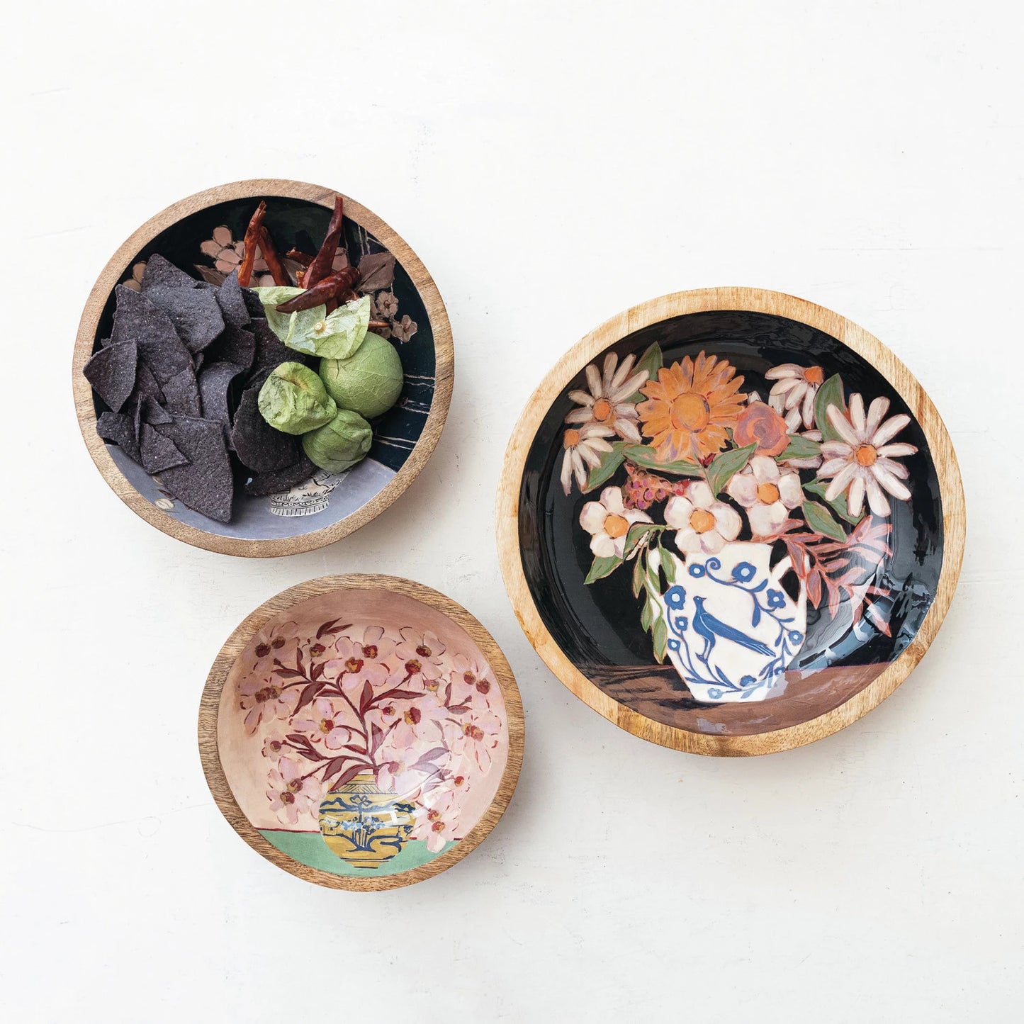 Enameled Mango Wood Bowls w/ Flowers in Vase