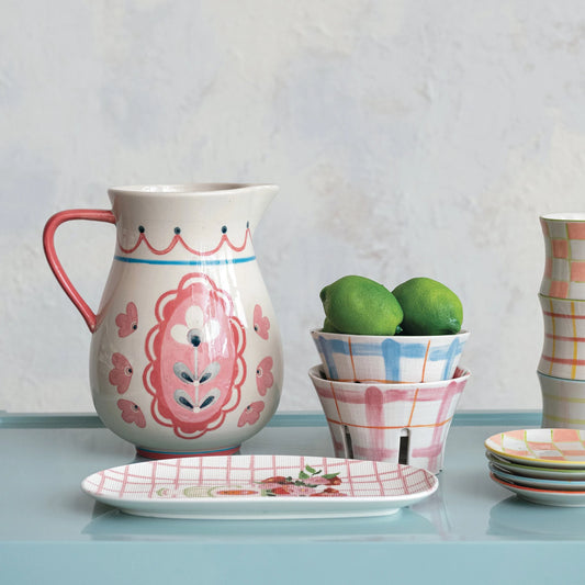 3 Quart Hand-Painted Stoneware Pitcher w/ Flowers