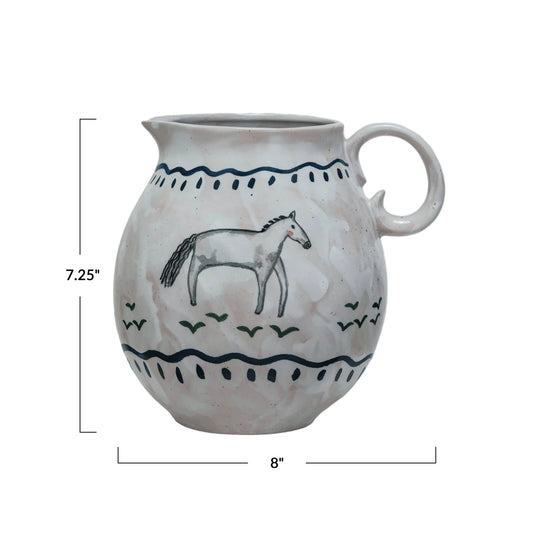 2-1/2 Quart Hand-Painted Stoneware Pitcher w/ Horse