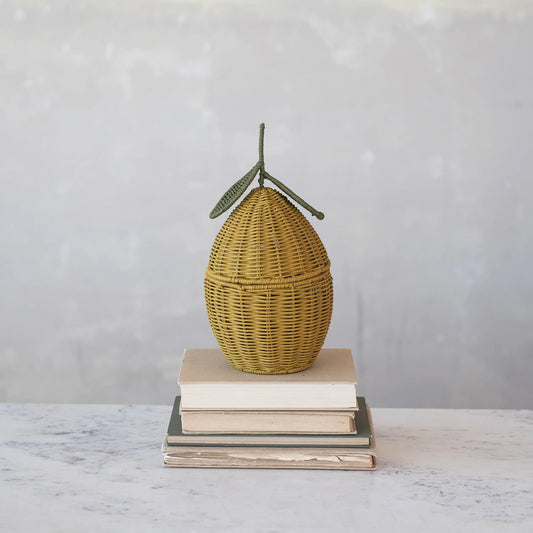 Hand-Woven Rattan Lemon Shaped Basket with Lid, Yellow & Green