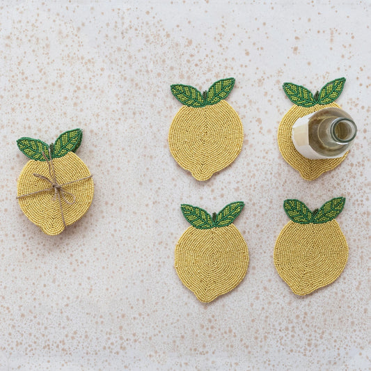 Handmade Beaded Lemon Coasters, Set of 4