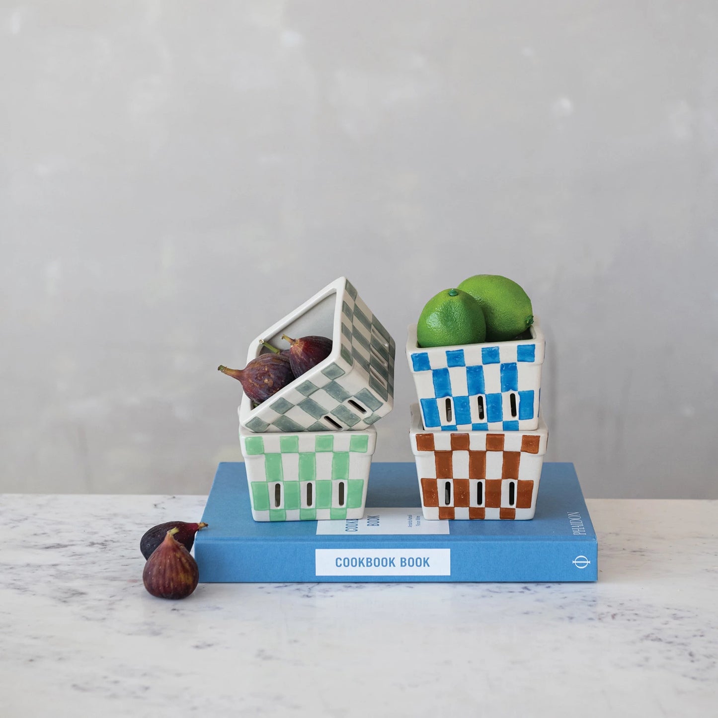 Hand-Painted Stoneware Berry Basket with Check Pattern
