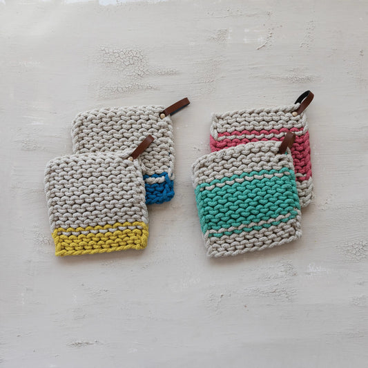 Cotton Crocheted Pot Holder with Leather Loop, 4 Colors