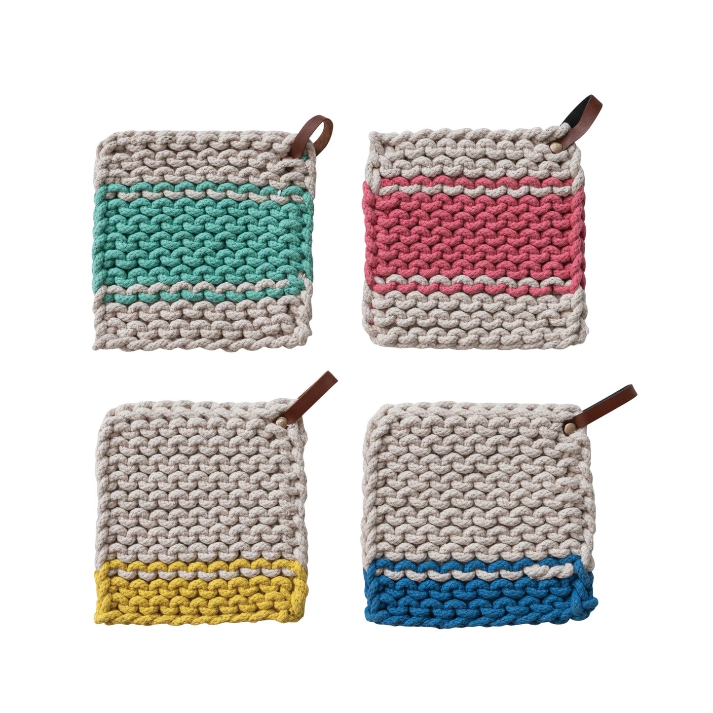 Cotton Crocheted Pot Holder with Leather Loop, 4 Colors