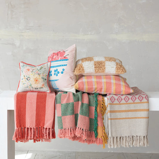 Woven Recycled Cotton Blend Throw with Stripes & Fringes