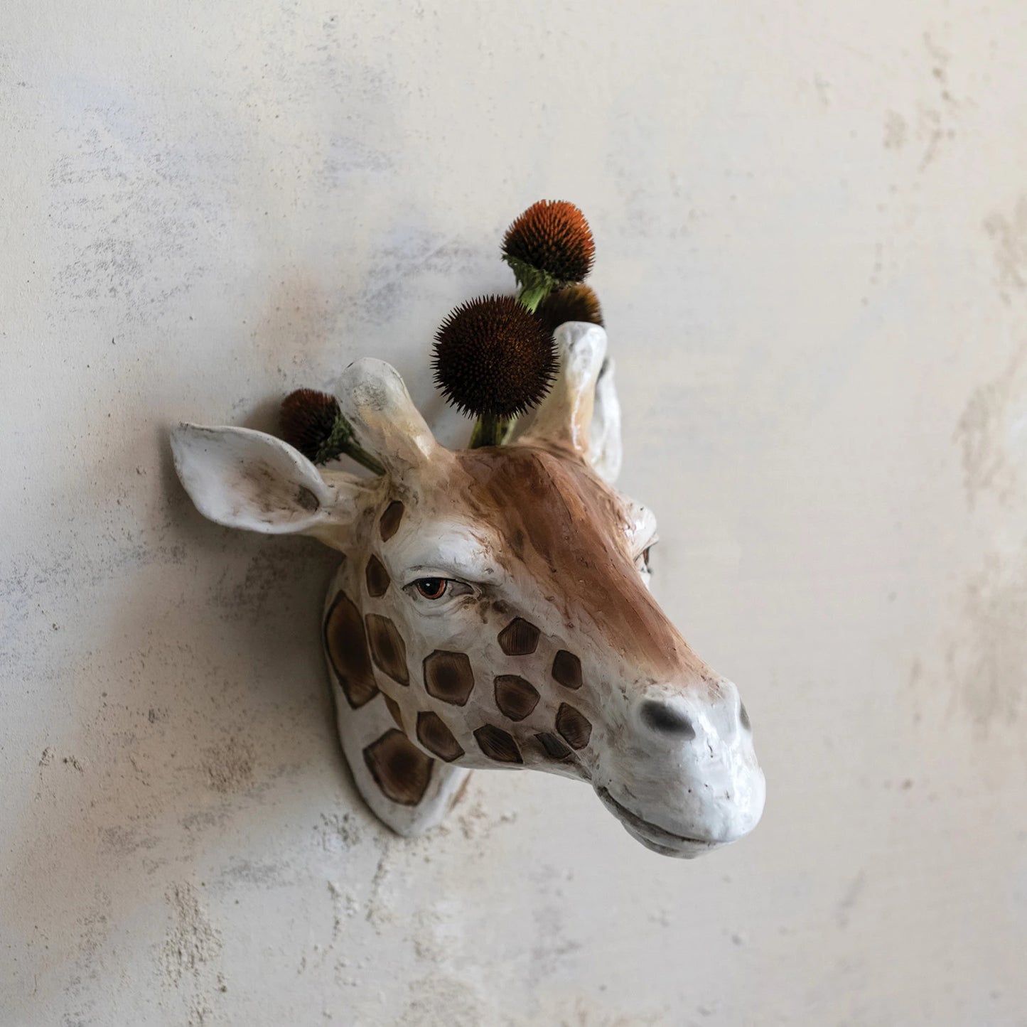 Resin Giraffe Head Wall Vase, Cream Color & Brown