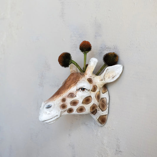 Resin Giraffe Head Wall Vase, Cream Color & Brown