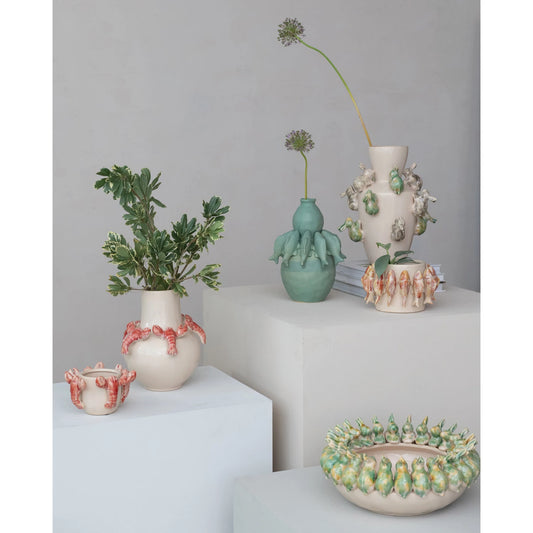 Stoneware Vase w/ 3D Fish, Reactive Glaze, Matte Sage Green (Each One Will Vary)