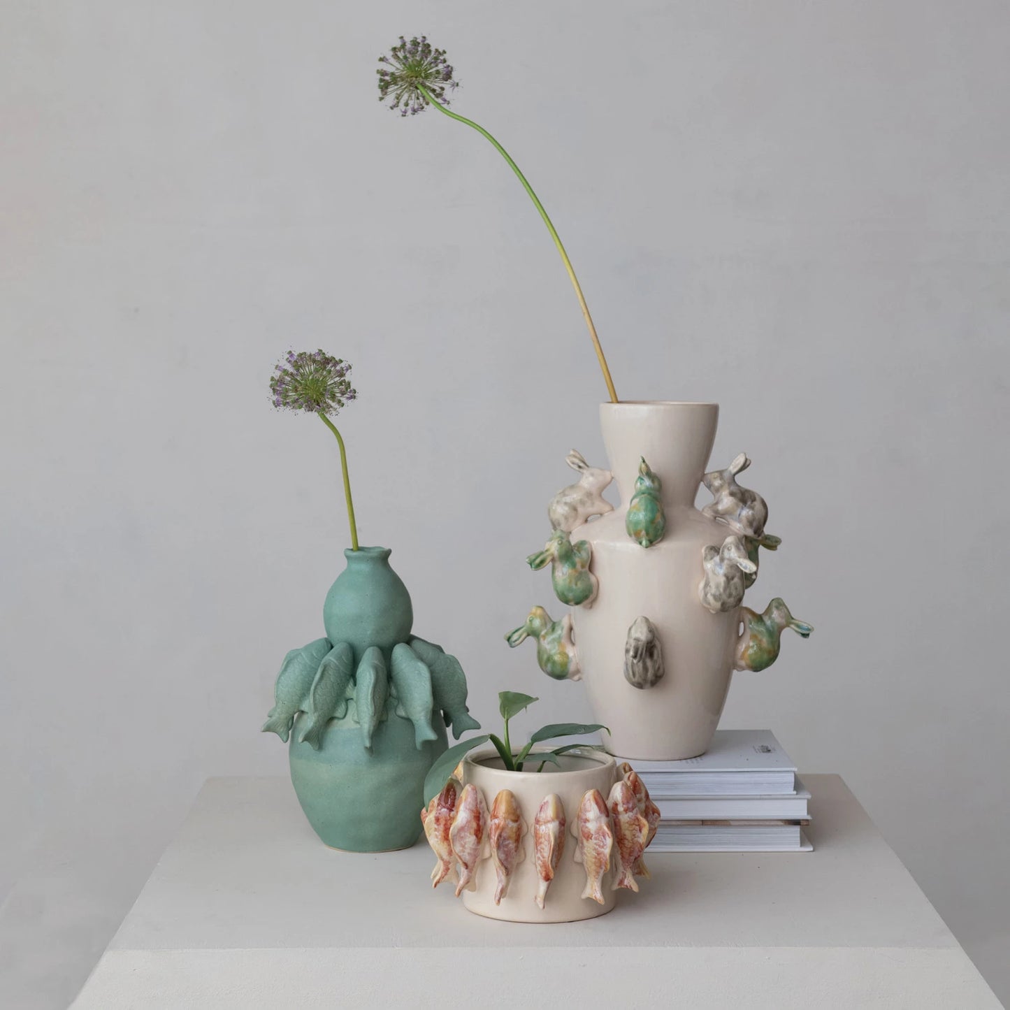 Stoneware Vase w/ 3D Fish, Reactive Glaze, Matte Sage Green (Each One Will Vary)