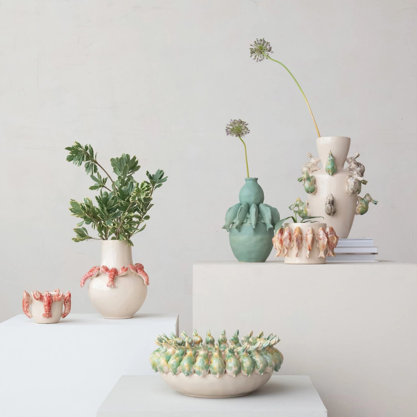 Stoneware Vase w/ 3D Fish, Reactive Glaze, Matte Sage Green (Each One Will Vary)
