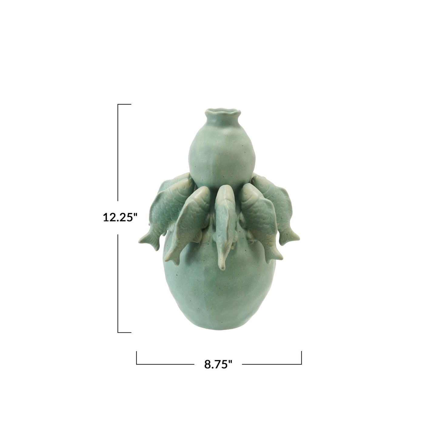 Stoneware Vase w/ 3D Fish, Reactive Glaze, Matte Sage Green (Each One Will Vary)