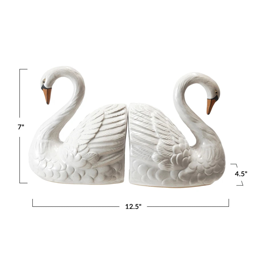 Stoneware Swan Shaped Bookends, White, Orange Color & Black, Set of 2