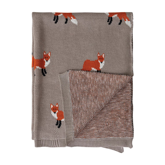 Cotton Knit Baby Blanket with Foxes
