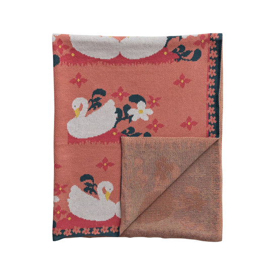 Cotton Knit Baby Blanket with Swans & Flowers