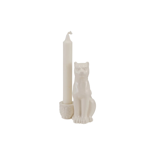 Stoneware Taper Holder with Leopard, White