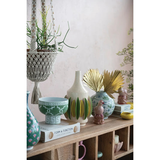 Handmade Stoneware Vase with 3D Pleats, Cream Color Speckled, Green & Yellow