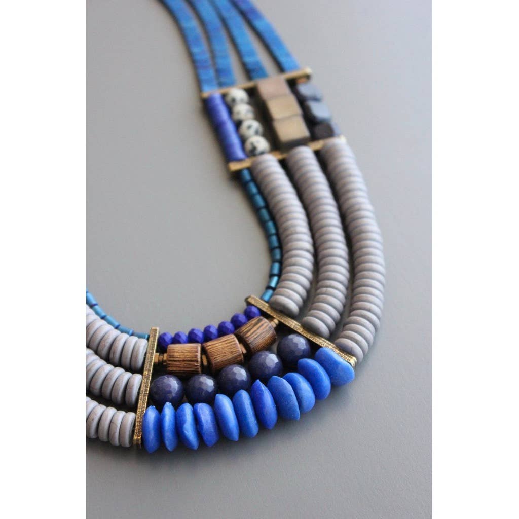 ZLD122 4-strand necklace blue hematite, wood, glass necklace