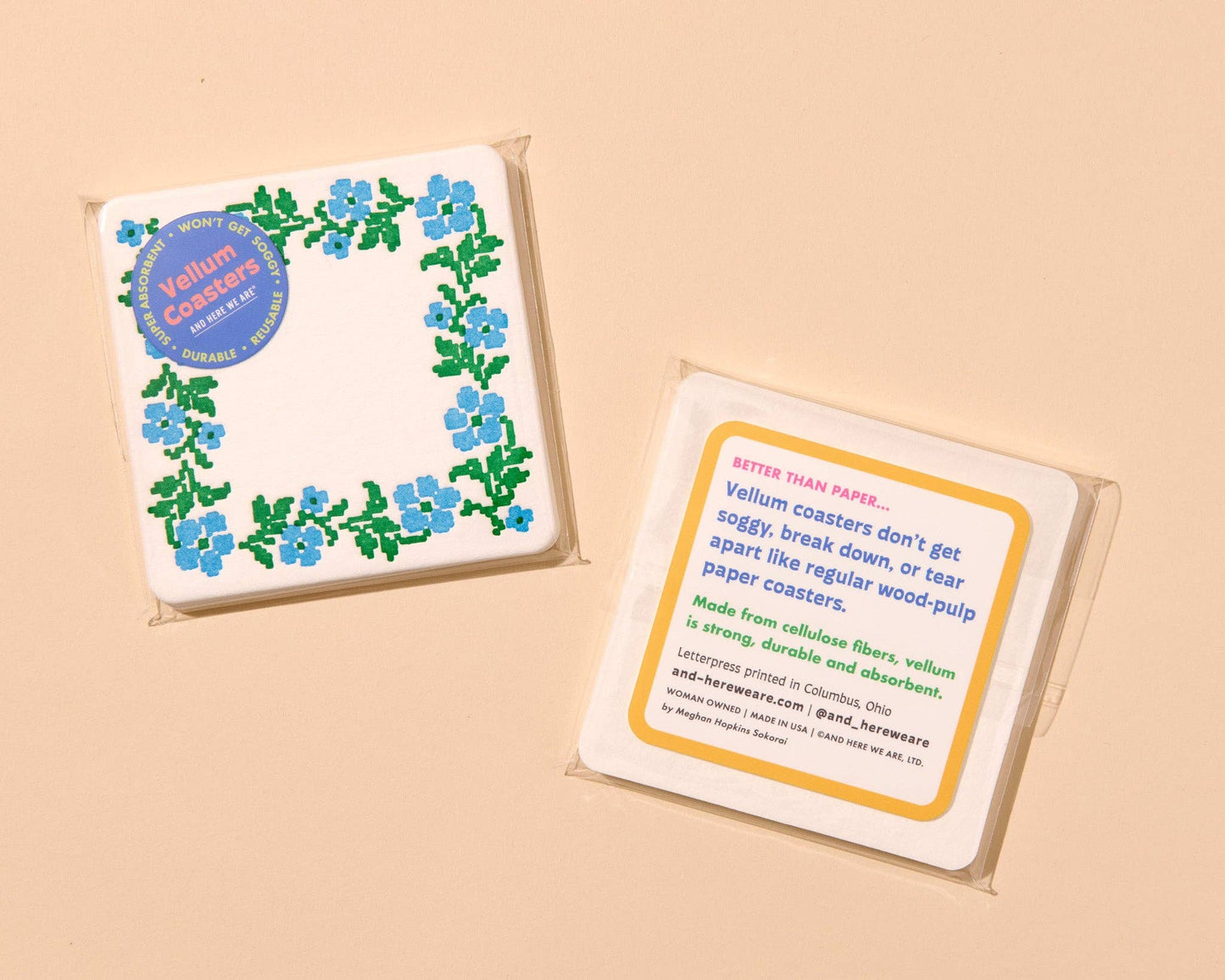 Letterpress Reusable Vellum Coasters—Cross Stitch Floral