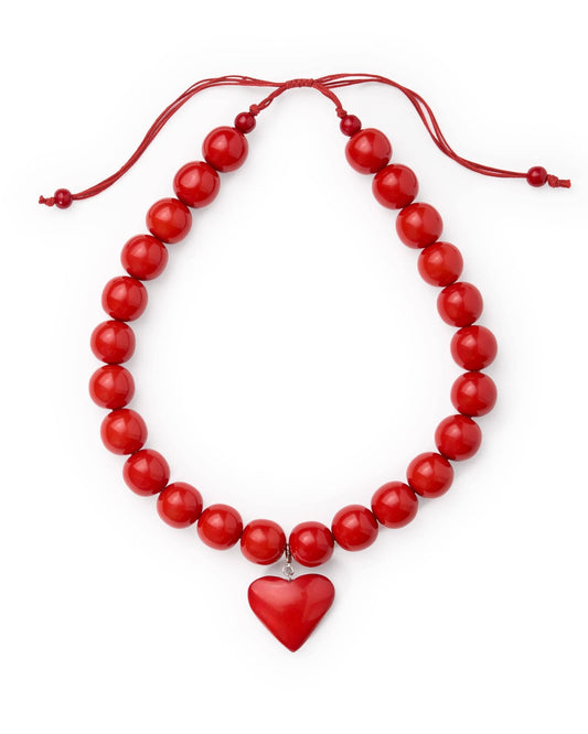 Emery Large Round Resin Bead With Heart Adjustable Necklace Red