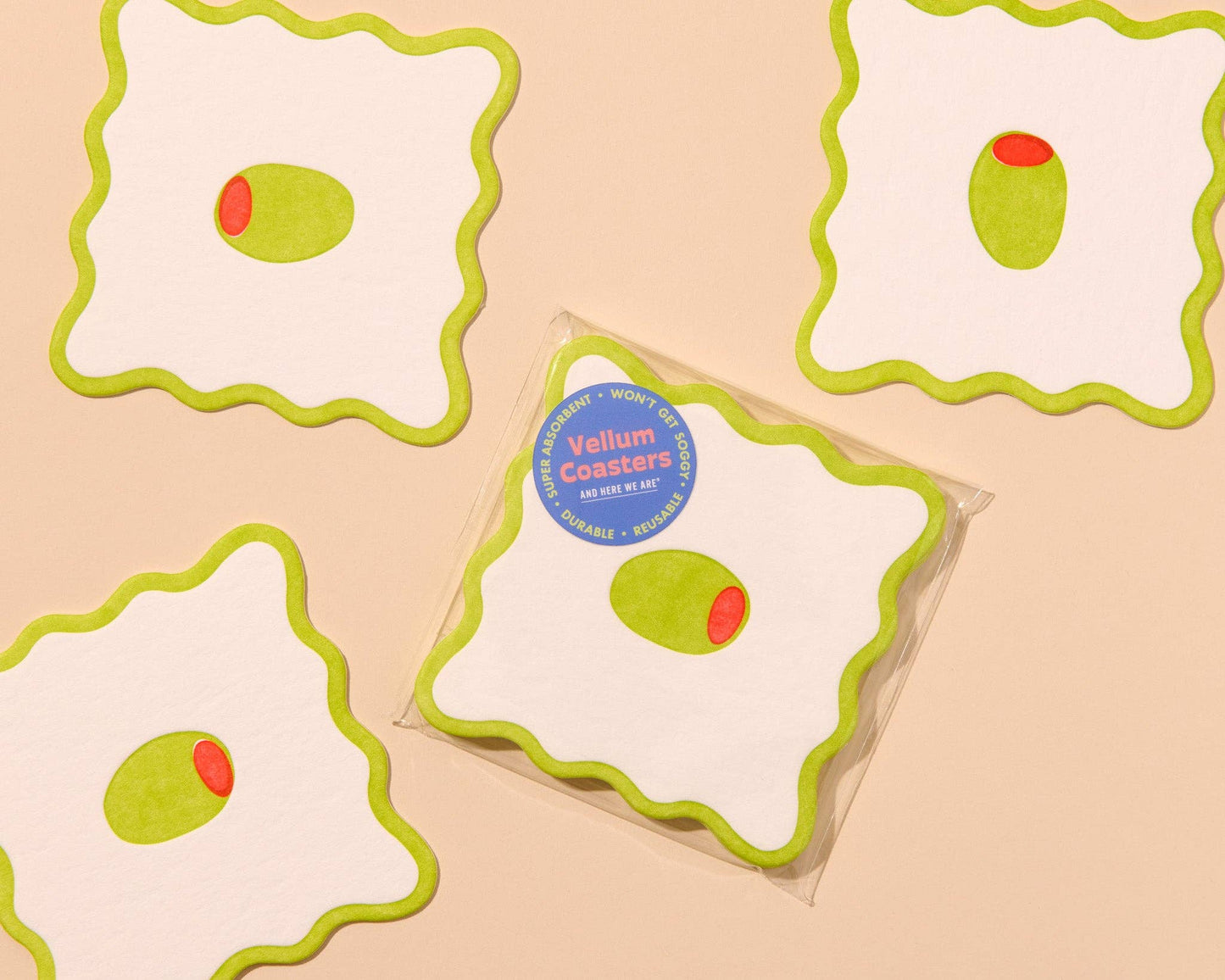 Letterpress Reusable Vellum Coasters—Crudité: Olive (Modern)