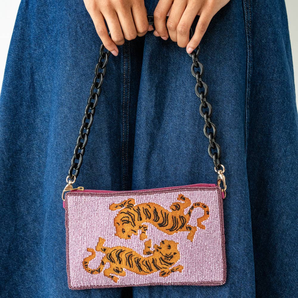 Elenor Embroidered Tiger Beaded Bag Purple