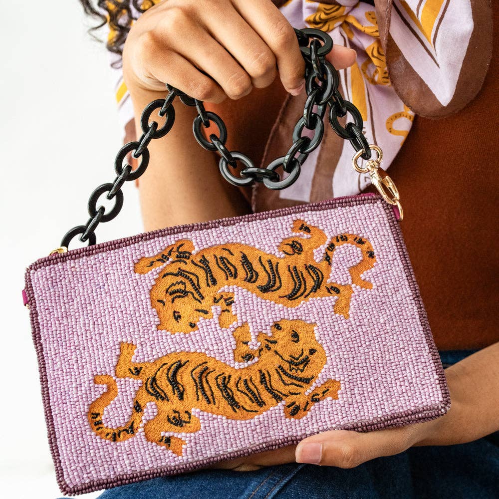 Elenor Embroidered Tiger Beaded Bag Purple