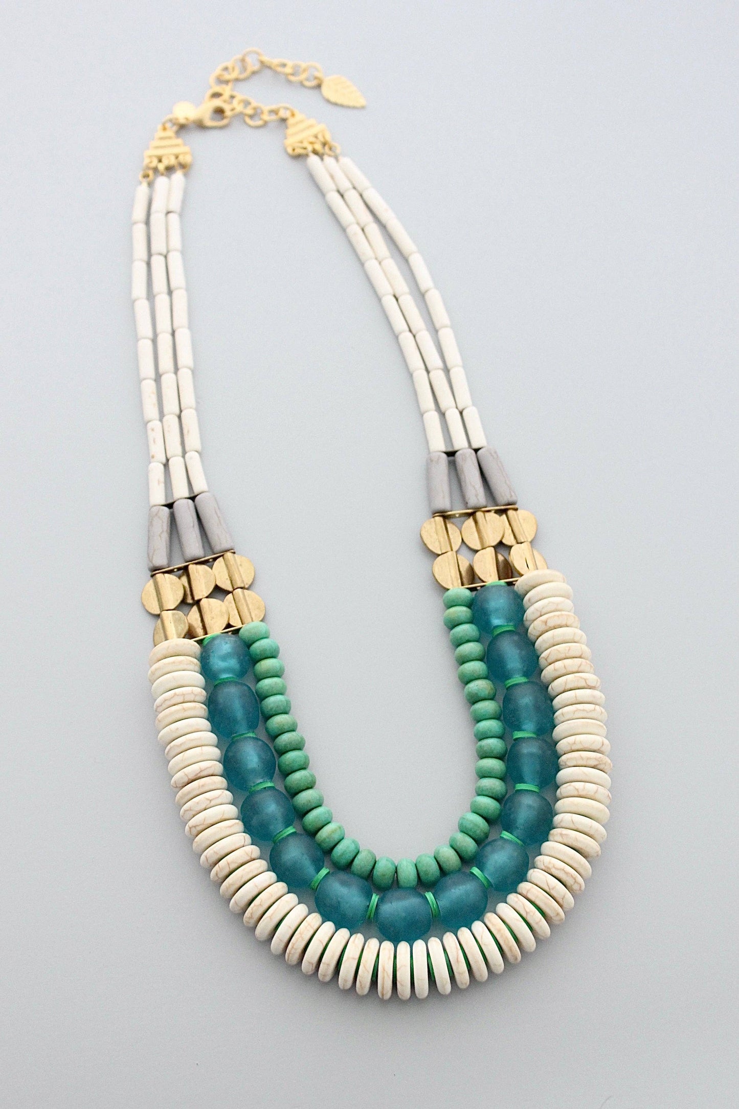 GND520 triple strand white, aqua Ghana glass, and turquoise