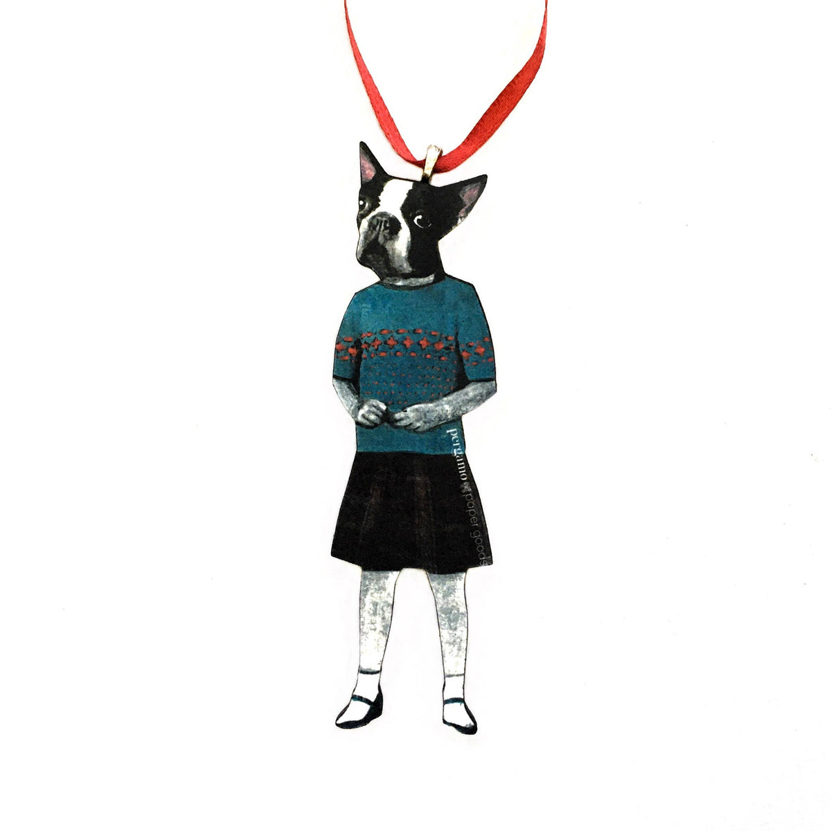 Boston Terrier Girl Laser Cut Wood Christmas Ornament