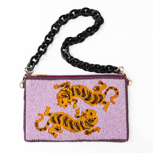 Elenor Embroidered Tiger Beaded Bag Purple Wholesale