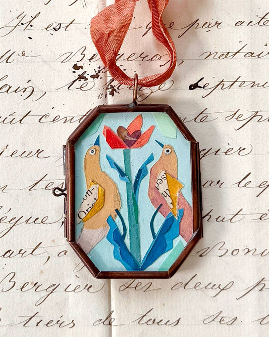 Love Birds ~ Art Locket Ornament Vintage Decor Handmade 