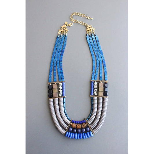 ZLD122 4-strand necklace blue hematite, wood, glass necklace