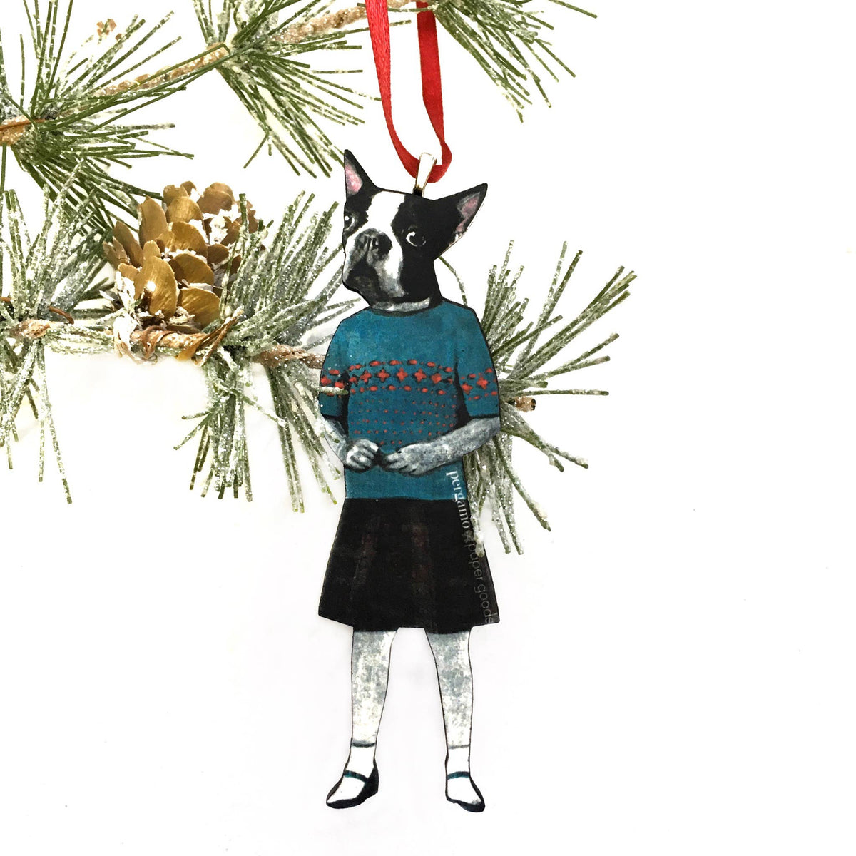 Boston Terrier Girl Laser Cut Wood Christmas Ornament