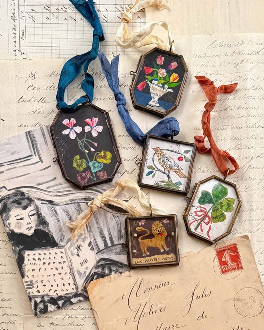 Cerise Folk Bird ~ Art Locket Ornament Vintage Handmade 