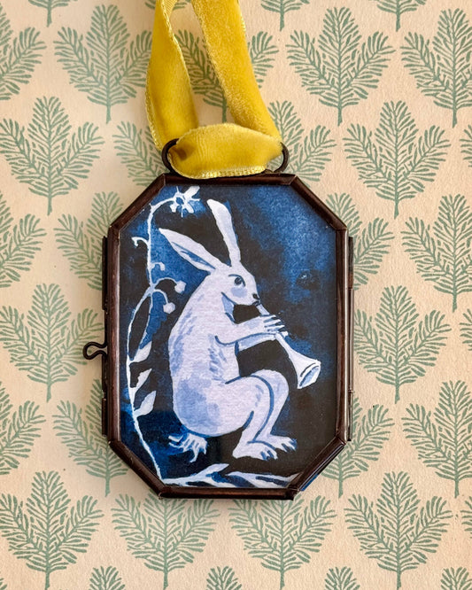 Festive Hare ~ Art Locket Ornament Blue Decor Handmade 