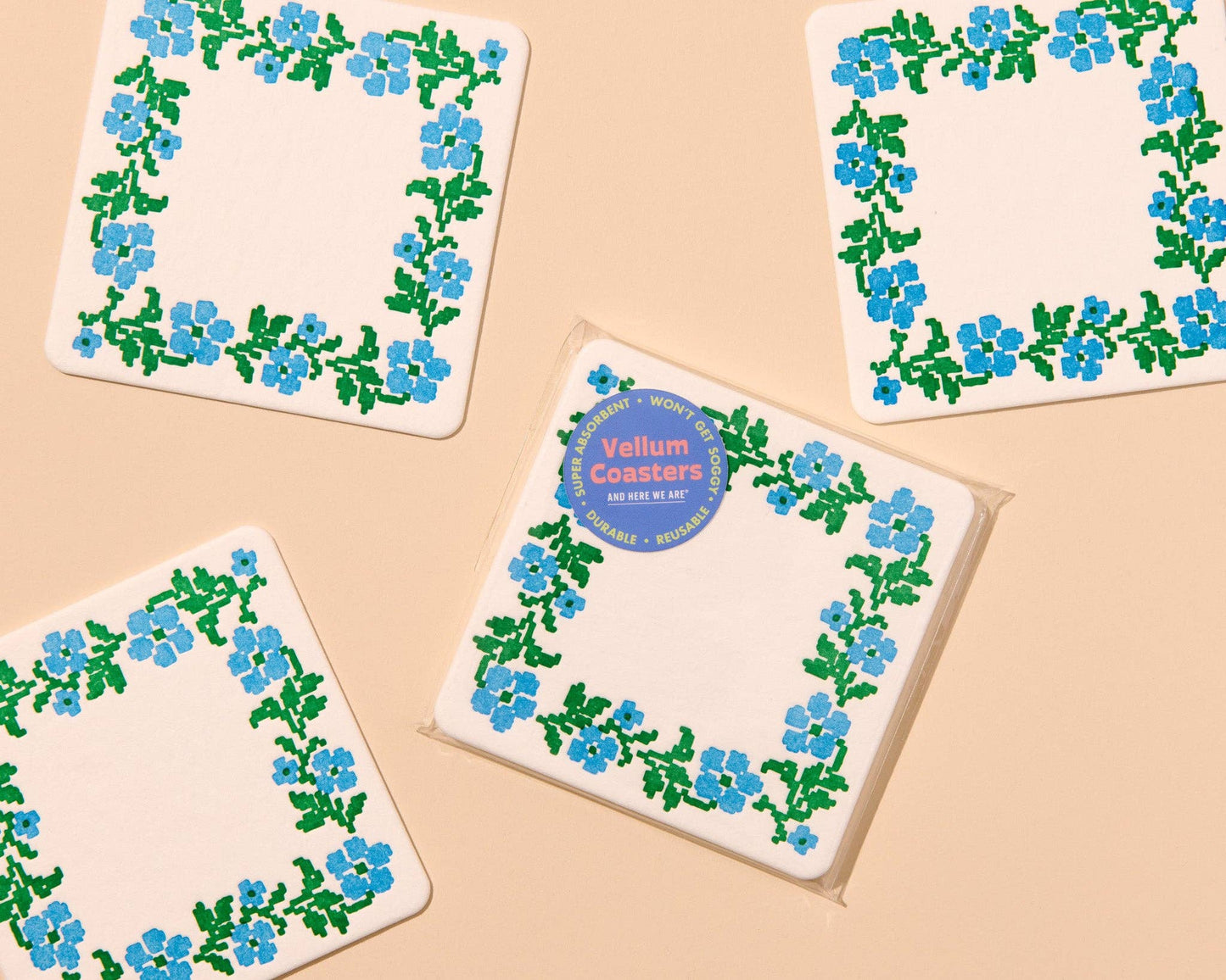 Letterpress Reusable Vellum Coasters—Cross Stitch Floral