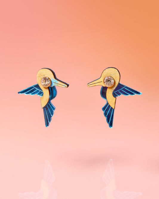 Hummingbird Stud Earrings Recycled Painted Wood and Acrylic Blue Multi